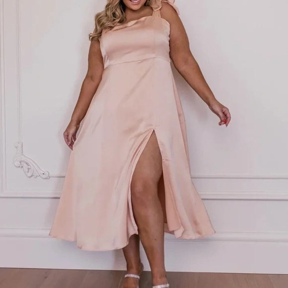 JessaKae Blush Pink Midi Dress with Side Slit